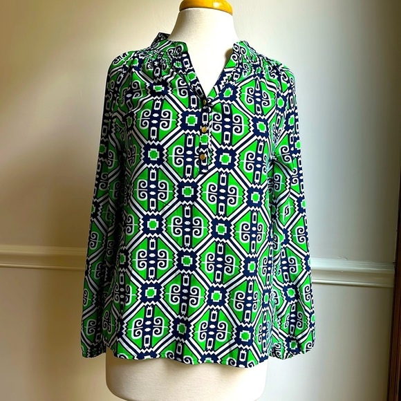 Macbeth Collection Margaret Josephs Women Green navy Long Sleeve Blouse Size S - Picture 1 of 6